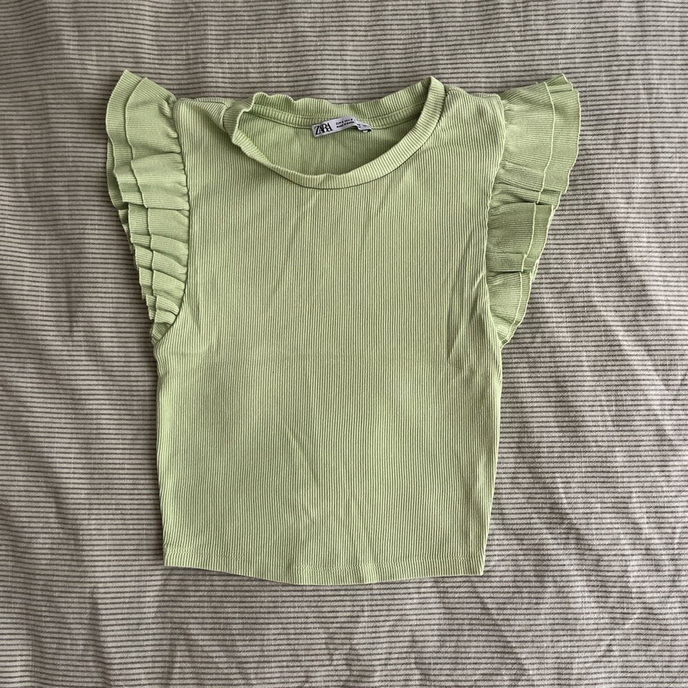 Green Zara Crop Top with Ruffle Sleeves